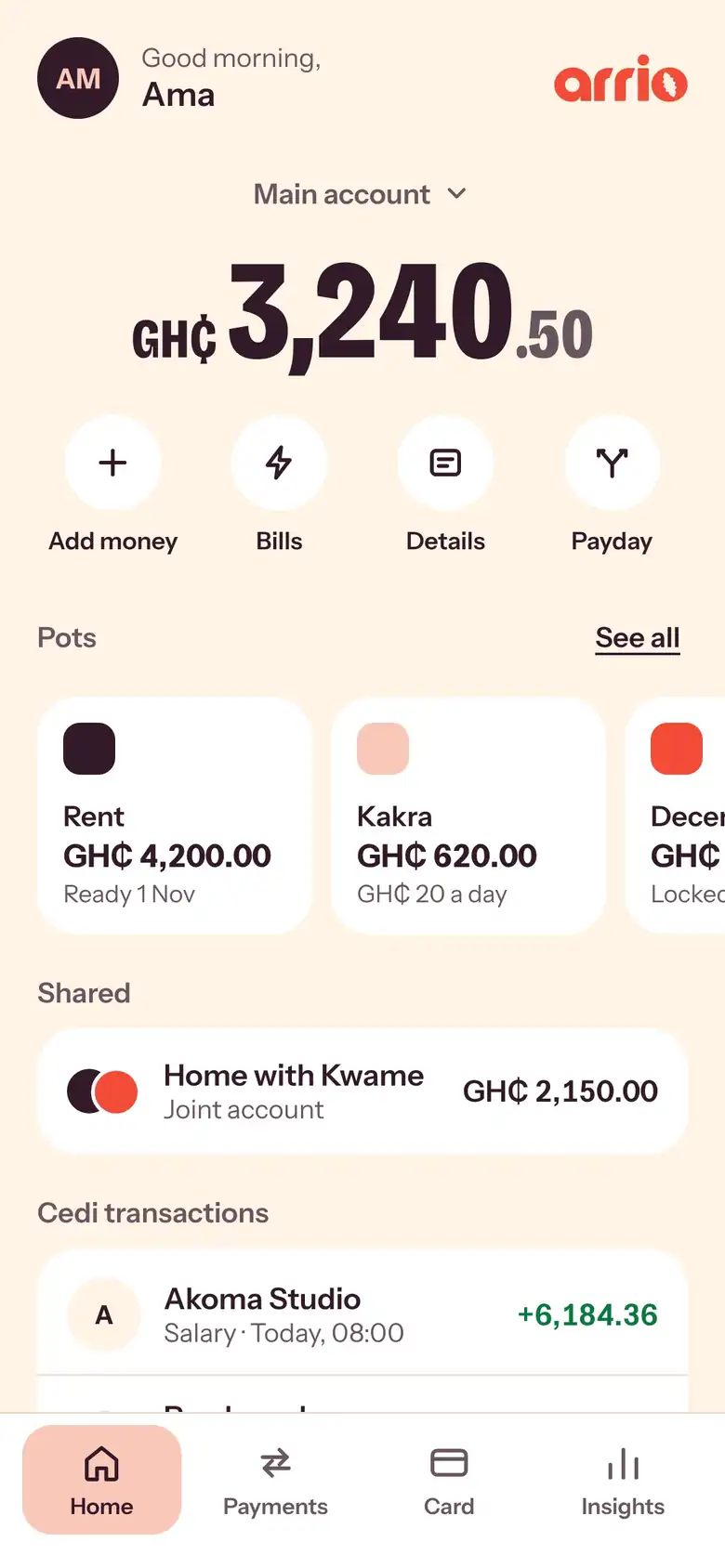 The arrio app home screen: GH₵ 3,240.50 in the main account, with pots for rent, Kakra and December.