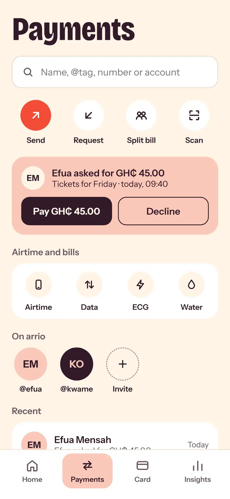 The Payments screen: search by name, @tag, number or account, with a payment request from Efua.